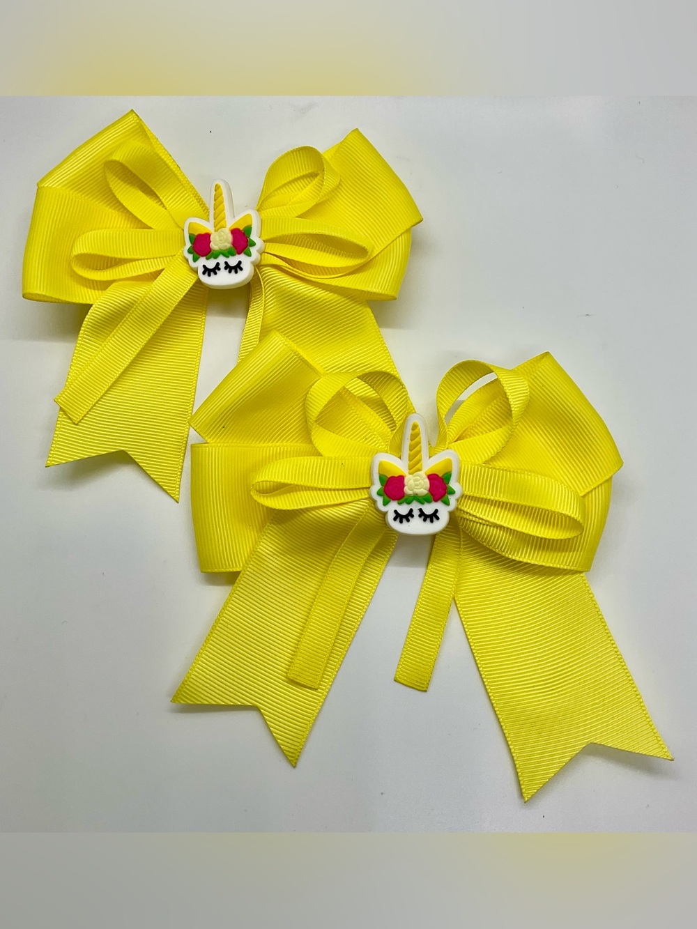 Pair of Yellow Ribbon Hair Bows with Unicorn Accent Handmade
